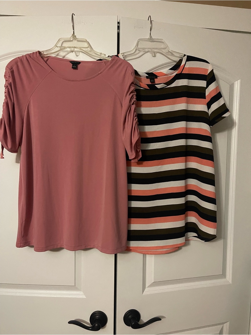 Women’s Rose Pink Short Sleeve Top with Ruched Shoulders - plus stripped top